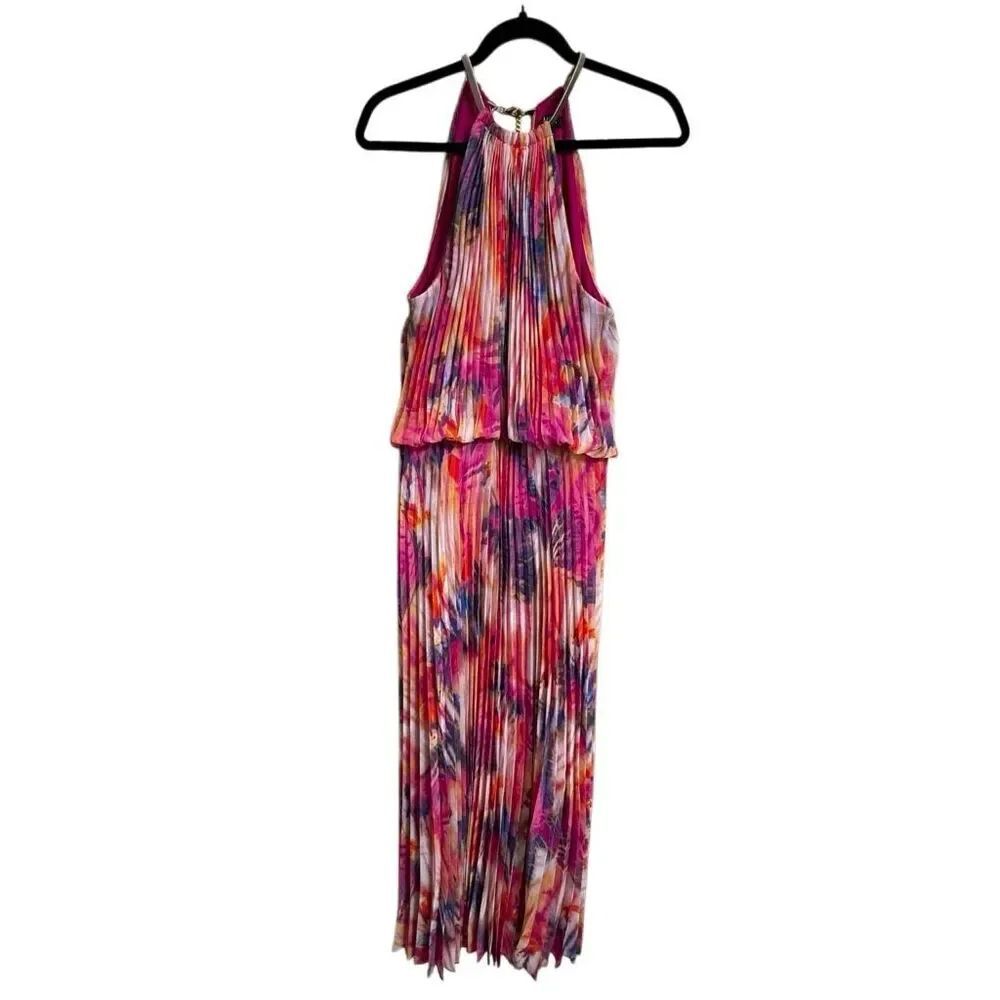 MSK Pink Purple Watercolor Pleated High Neck Goddess Maxi Dress 14